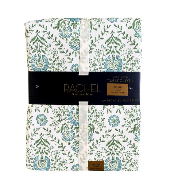 Rachel Roy Spring Floral Cloth Tablecloth 60x84 Green Blue White Easy Care NEW - Picture 1 of 10